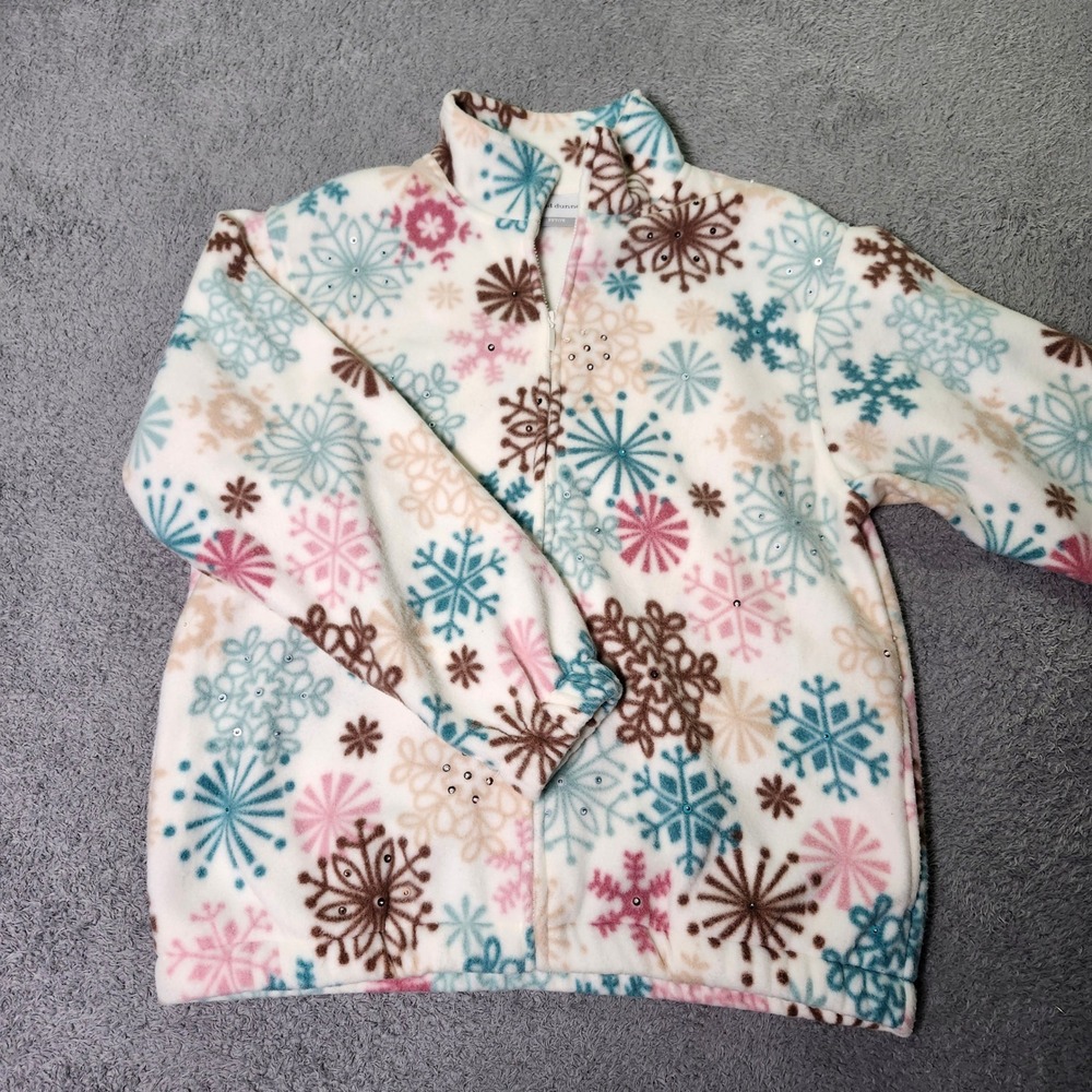 Alfred Dunner Women PS Jacket White Snowflake Sequin Full Zip Fleece Mock Neck